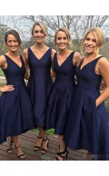 Girls Simple V-Neck A-Line High Low Bridesmaid Dress