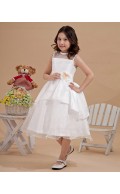 Sleeveless Scoop Tea Length Satin/Organza Zipper Applique Ivory Ball Gown Flower Girl Dress