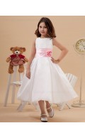 Zipper Sleeveless Ivory Square Tea Length A line Taffeta Belt/Hand Made Flower/Bow Flower Girl Dress