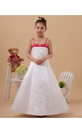 Spaghetti Straps Satin Zipper White/Red Sleeveless A line Floor length Embroidery Flower Girl Dress