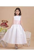 Scoop Ankle Length White Zipper Sleeveless Satin Bow/Belt A line Flower Girl Dress