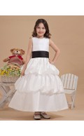 Sleeveless A line Belt/Ruffles Organza/Satin Bateau Zipper Ivory Hand Made Flower/ Ankle Length Flower Girl Dress