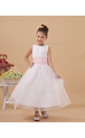 Hand Made Flower/ Belt Scoop Satin/Organza White Ankle Length A line Zipper Sleeveless Flower Girl Dress