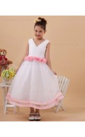 V neck Hand Made Flower Zipper White Tulle Ankle Length Sleeveless A line Flower Girl Dress