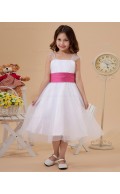 Square Sleeveless Ruffle/Belt Zipper A line Organza White Tea Length Flower Girl Dress