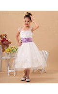 Tea Length Belt A line Bateau Organza Sleeveless White Zipper Flower Girl Dress