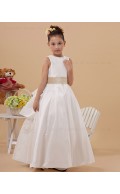 A line Ankle Length Belt Satin Lace Up White Sleeveless Scoop Flower Girl Dress