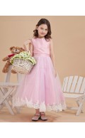 Ankle Length Sleeveless Ruffle/Applique/Bow A line Pink Zipper Satin/Tulle Scoop Flower Girl Dress