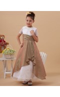 Short Scoop A line Embroidery/Beading Gold/White Taffeta/Organza Floor length Sleeve Zipper Flower Girl Dress