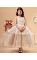 A line Spaghetti Straps Sleeveless Champagne Zipper Bow/Ruffles Tulle Ankle Length Flower Girl Dress