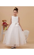 Ivory Scoop Sleeveless Ankle Length A line Organza Bow Zipper Hand Made Flower/ Flower Girl Dress