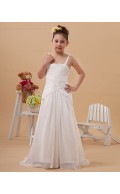 Zipper White Floor length Column/Sheath Spaghetti Straps Sleeveless Satin Embroidery Flower Girl Dress