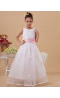 Hand Made Flower/ Ball Gown Zipper White/Pink Belt Scoop Floor length Sleeveless Taffeta/Organza Flower Girl Dress