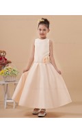 Champagne Satin Sleeveless Scoop A line Ankle Length Hand Made Flower Zipper Flower Girl Dress