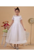 Ankle Length Zipper Sleeve Short Embroidery/Bow/Belt A line Ivory Scoop Taffeta/Satin Flower Girl Dress