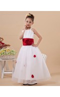 Ivory Floor length Ball Gown Satin/Organza Bow/Hand Made Flower/Sash/Ruffles Sleeveless Zipper Spaghetti Straps Flower Girl Dress