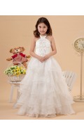 A line Halter Sleeveless Satin/Organza Ivory Embroidery/Ruffles Zipper Floor length Flower Girl Dress