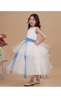 A line Zipper Beading White Bateau Sleeveless Ankle Length Satin/Organza Flower Girl Dress