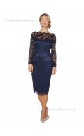 Dark Navy Column / Sheath Knee-length Lace Bateau Backless Natural Long-Sleeve Lace Mother of the Bride Dress