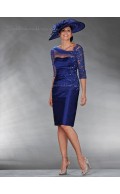 Royal Blue Satin Natural Column / Sheath Half-Sleeve Applique Zipper Sweetheart Knee-length Mother of the Bride Dress