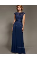 Dark Navy Bateau Short Sleeve Natural Applique Zipper A-line Chiffon Floor-length Mother of the Bride Dress