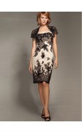 Black Natural Satin Bateau Knee-length Column / Sheath Cap Sleeve Zipper Applique Mother of the Bride Dress