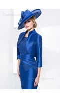 Royal Blue Knee-length Applique Natural Bateau Half-Sleeve Zipper Satin Column / Sheath Mother of the Bride Dress