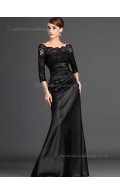 Black Satin Zipper Empire Bateau Ruffles Half-Sleeve Mermaid Floor-length Mother of the Bride Dress