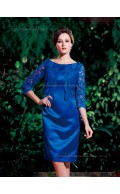 Royal Blue Knee-length Applique Natural Column / Sheath Half-Sleeve Satin Zipper Bateau Mother of the Bride Dress