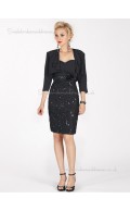 Black Column / Sheath Zipper Satin Sweetheart Knee-length Half-Sleeve Empire Sequin Mother of the Bride Dress