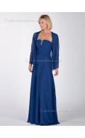 Blue Chiffon Long-Sleeve A-line Beading Natural Floor-length Backless Mother of the Bride Dress