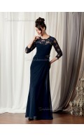 Dark Navy Floor-length Round Column / Sheath Backless Long-Sleeve Lace Natural Satin Mother of the Bride Dress