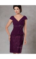 Burgundy V-neck Knee-length Column / Sheath Satin Cap Sleeve Applique Zipper Empire Mother of the Bride Dress