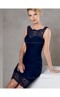 Dark Navy Column / Sheath Backless Bateau Short-length Lace Natural Chiffon Sleeveless Mother of the Bride Dress