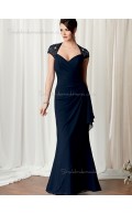 Dark Navy Chiffon Natural Backless V-neck Beading Mermaid Floor-length Cap Sleeve Mother of the Bride Dress