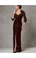 Brown V-neck Floor-length Zipper Column / Sheath Chiffon Beading Half-Sleeve Empire Mother of the Bride Dress