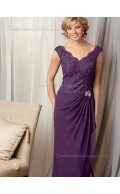 Lilac Column / Sheath V-neck Lace Zipper Cap Sleeve Natural Chiffon Floor-length Mother of the Bride Dress