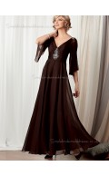 Brown V-neck Chiffon Beading Floor-length Half-Sleeve Backless A-line Empire Mother of the Bride Dress