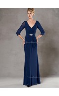 Ink Blue Backless Natural Beading Column / Sheath Chiffon Floor-length V-neck Half-Sleeve Mother of the Bride Dress