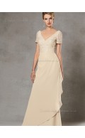 Champagne Beading Cap Sleeve A-line Backless Chiffon V-neck Floor-length Natural Mother of the Bride Dress