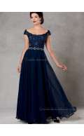 Ink Blue Chiffon Floor-length Beading Cap Sleeve Bateau Natural Zipper A-line Mother of the Bride Dress