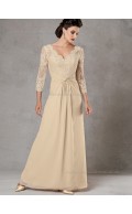 Champagne Chiffon Sleeve Long A-line Zipper Floor-length V-neck Lace Empire Mother of the Bride Dress