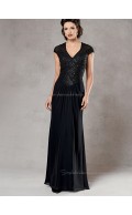 Dark Navy Cap Sleeve V-neck Beading Column / Sheath Zipper Floor-length Chiffon Natural Mother of the Bride Dress