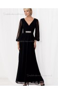 Black Mermaid Chiffon Sleeve Long Floor-length V-neck Backless Empire Beading Mother of the Bride Dress