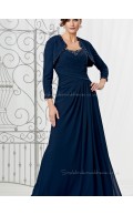 Ink Blue Sleeve Beading Chiffon A-line Zipper Natural Sweetheart Floor-length Long Mother of the Bride Dress