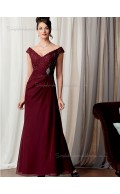 Burgundy Beading A-line Floor-length Chiffon Cap Sleeve Zipper Natural V-neck Mother of the Bride Dress