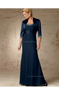 Ink Blue Chiffon A-line Beading Bateau Zipper Floor-length Half-Sleeve Empire Mother of the Bride Dress