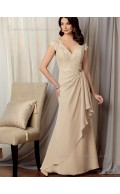 Champagne V-neck Natural Zipper Lace A-line Floor-length Chiffon Cap Sleeve Mother of the Bride Dress