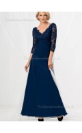 Dark Navy A-line Backless Floor-length Chiffon Lace V-neck Natural Half-Sleeve Mother of the Bride Dress