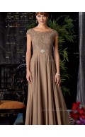 Champagne Natural Backless Floor-length Satin Bateau Cap Sleeve A-line Applique Mother of the Bride Dress